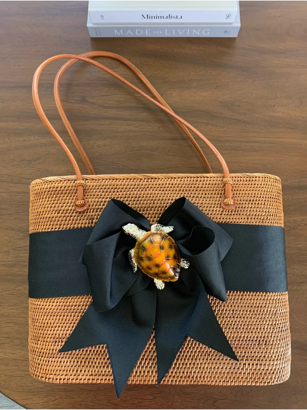 Woven Straw Tote with Black Bow and Turtle Accent